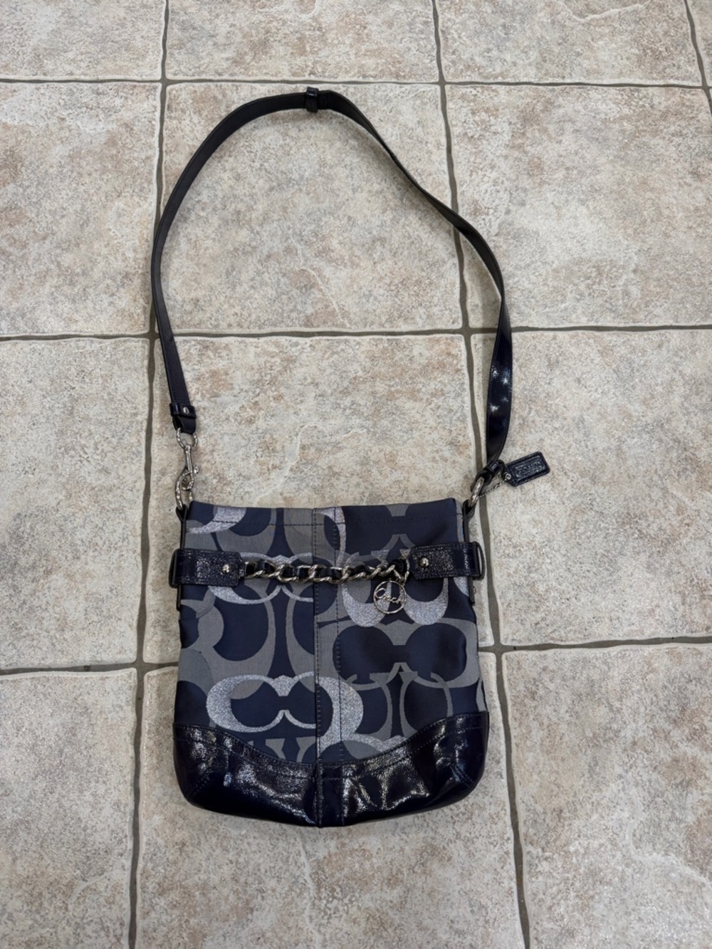 Coach Moto Optic Metallic Chain Navy Signature Jaquard Shoulder  Bag